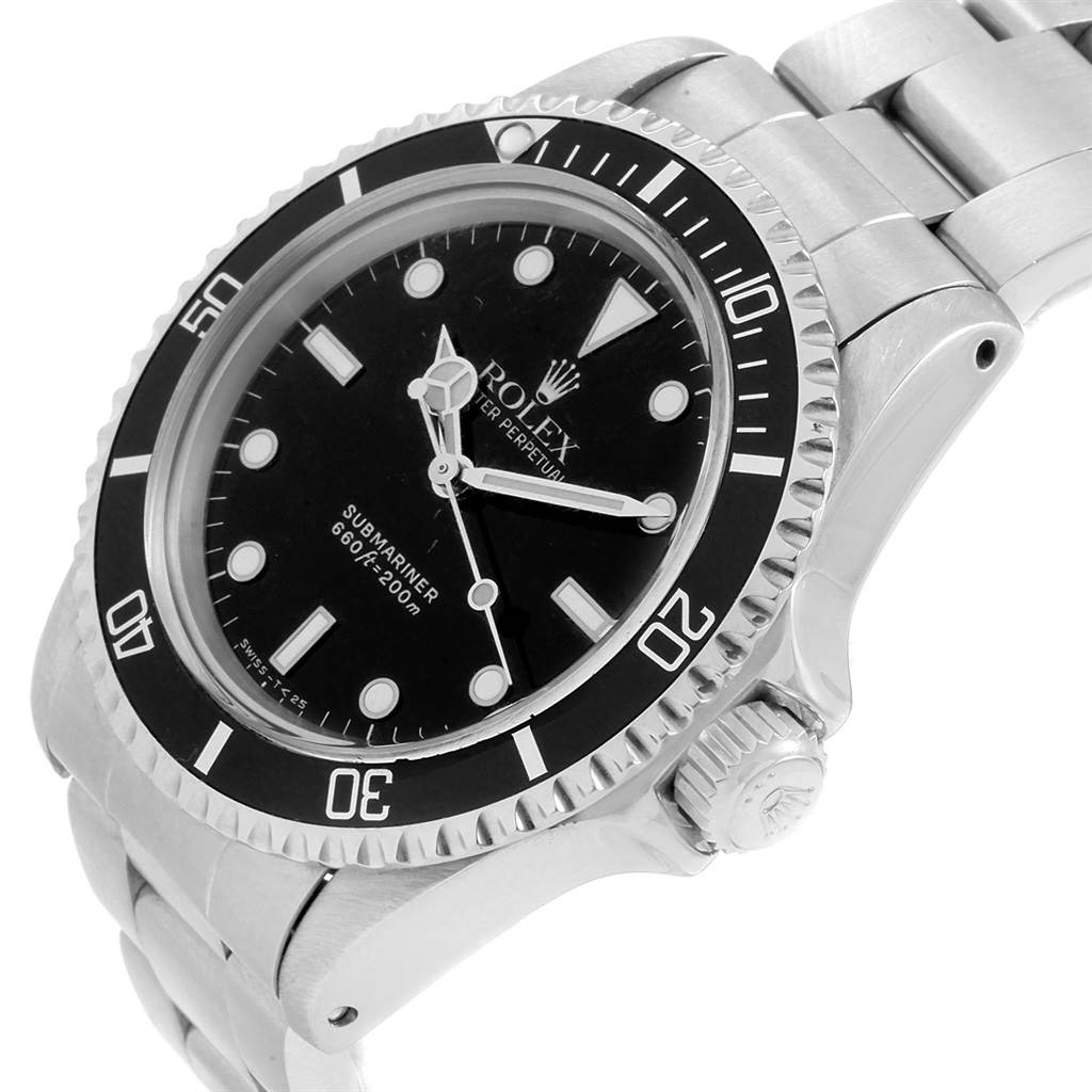 The image shows a Rolex Vintage Collection 5513 Men's Stainless Steel Black Dial 5513 Men's Stainless Steel Black Dial Submariner watch angled to highlight its face, bezel, and part of the bracelet.
