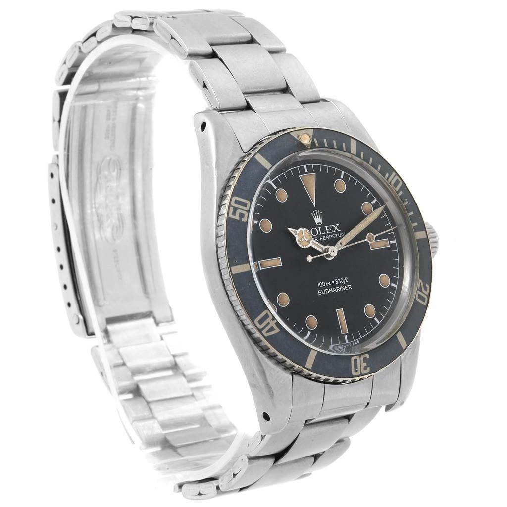 The Rolex Vintage Collection 5508 Men's Stainless Steel Black Dial 5508 Men's Stainless Steel Black Dial Submariner is shown at an angled view, displaying its face, bezel, and bracelet.