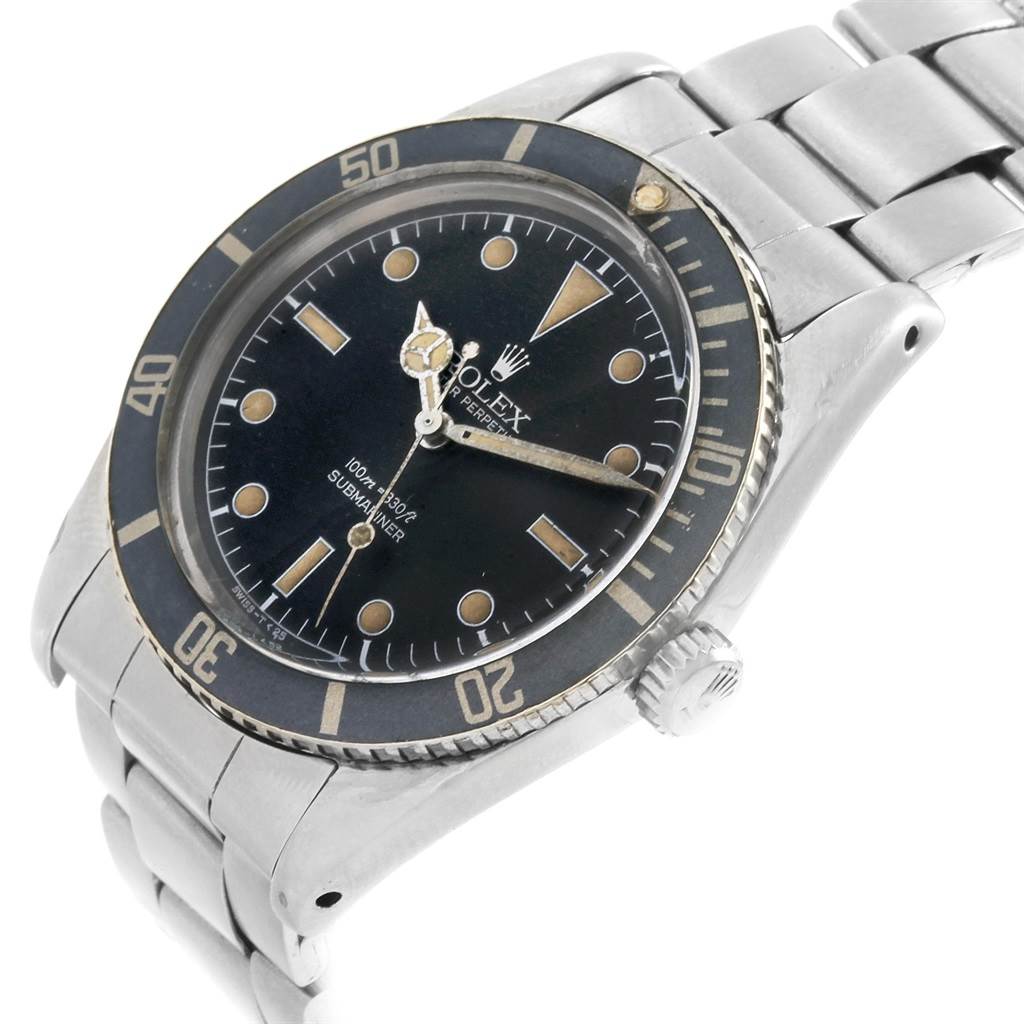 This Rolex Vintage Collection 5508 Men's Stainless Steel Black Dial 5508 Men's Stainless Steel Black Dial model watch is shown from the top, highlighting the dial, bezel, crown, and part of the bracelet.