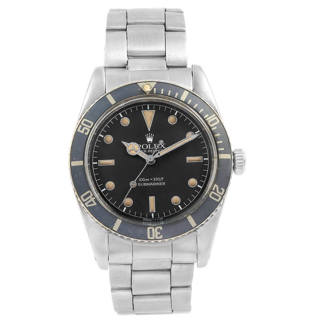 The image shows a front view of the Rolex Vintage Collection 5508 Men's Stainless Steel Black Dial 5508 Men's Stainless Steel Black Dial Submariner watch, displaying the dial, bezel, and stainless steel bracelet.