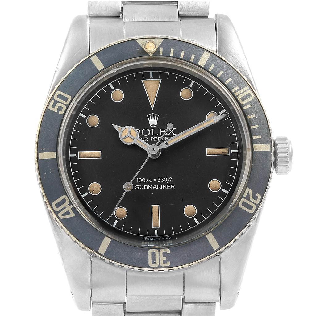 This image shows a front view of a Rolex Vintage Collection 5508 Men's Stainless Steel Black Dial 5508 Men's Stainless Steel Black Dial Submariner watch, displaying the dial, bezel, and part of the bracelet.