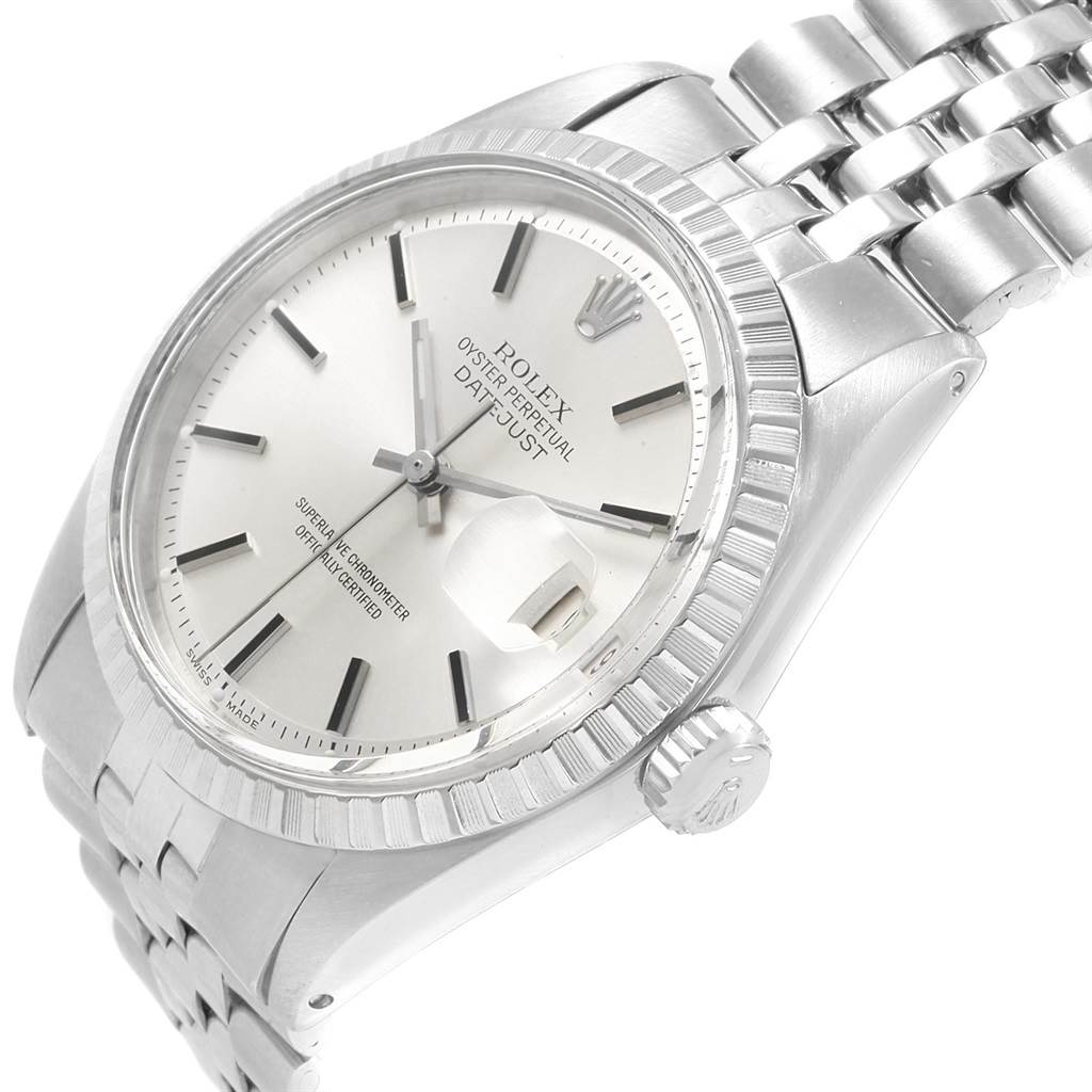 The image shows a Rolex Vintage Collection 1603 Men's Stainless Steel Silver Dial 1603 Men's Stainless Steel Silver Dial Datejust watch angled to display its face, bezel, crown, and part of the bracelet.