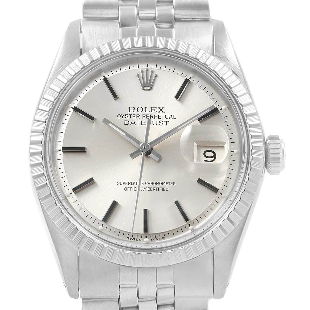 The image shows a front view of a Rolex Vintage Collection 1603 Men's Stainless Steel Silver Dial 1603 Men's Stainless Steel Silver Dial Oyster Perpetual Datejust watch, highlighting the dial, bezel, bracelet, and crown.