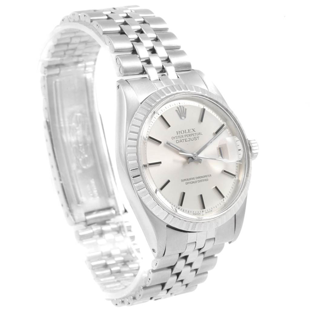 This image shows a side angle of the Rolex Vintage Collection 1603 Men's Stainless Steel Silver Dial 1603 Men's Stainless Steel Silver Dial Oyster Perpetual Datejust, displaying its dial, case, and bracelet.