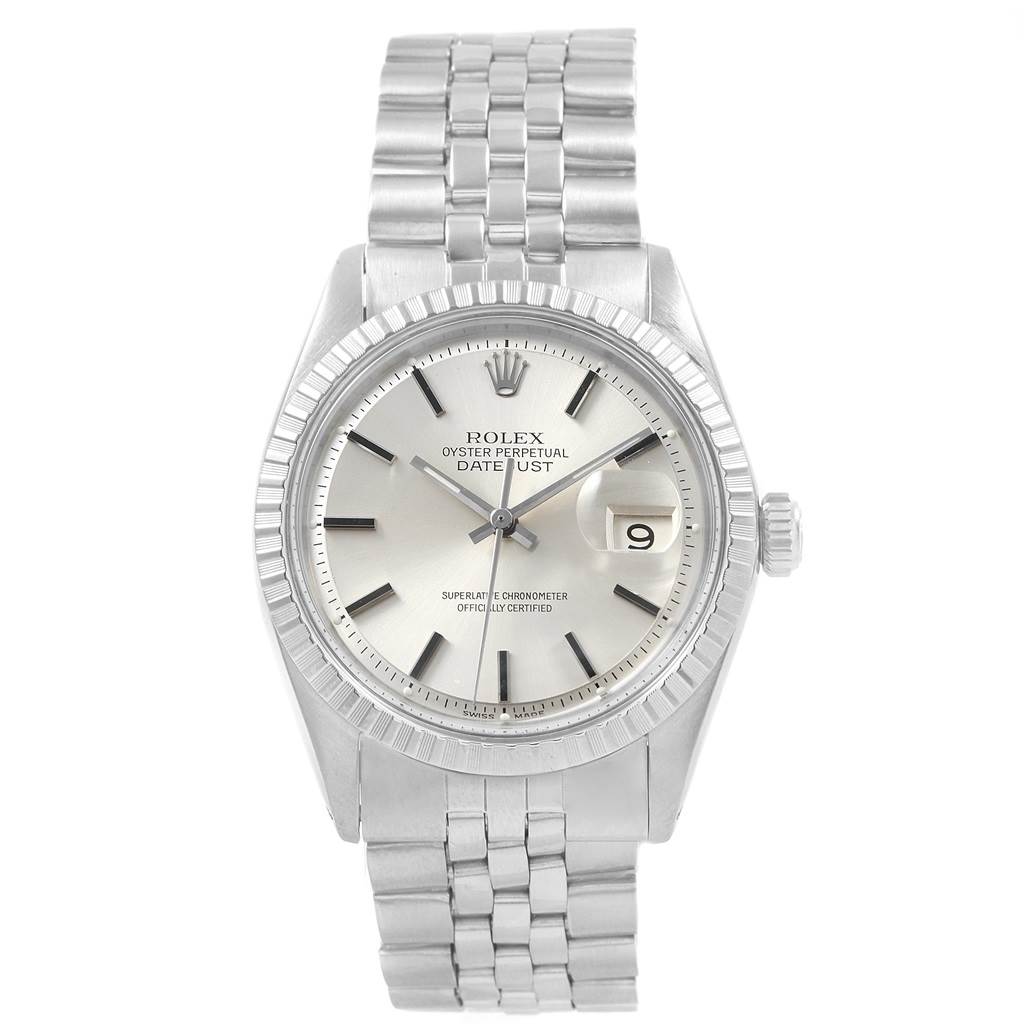 The image shows a front view of the Rolex Datejust Oyster Perpetual Vintage Collection watch with its face, bezel, and bracelet.