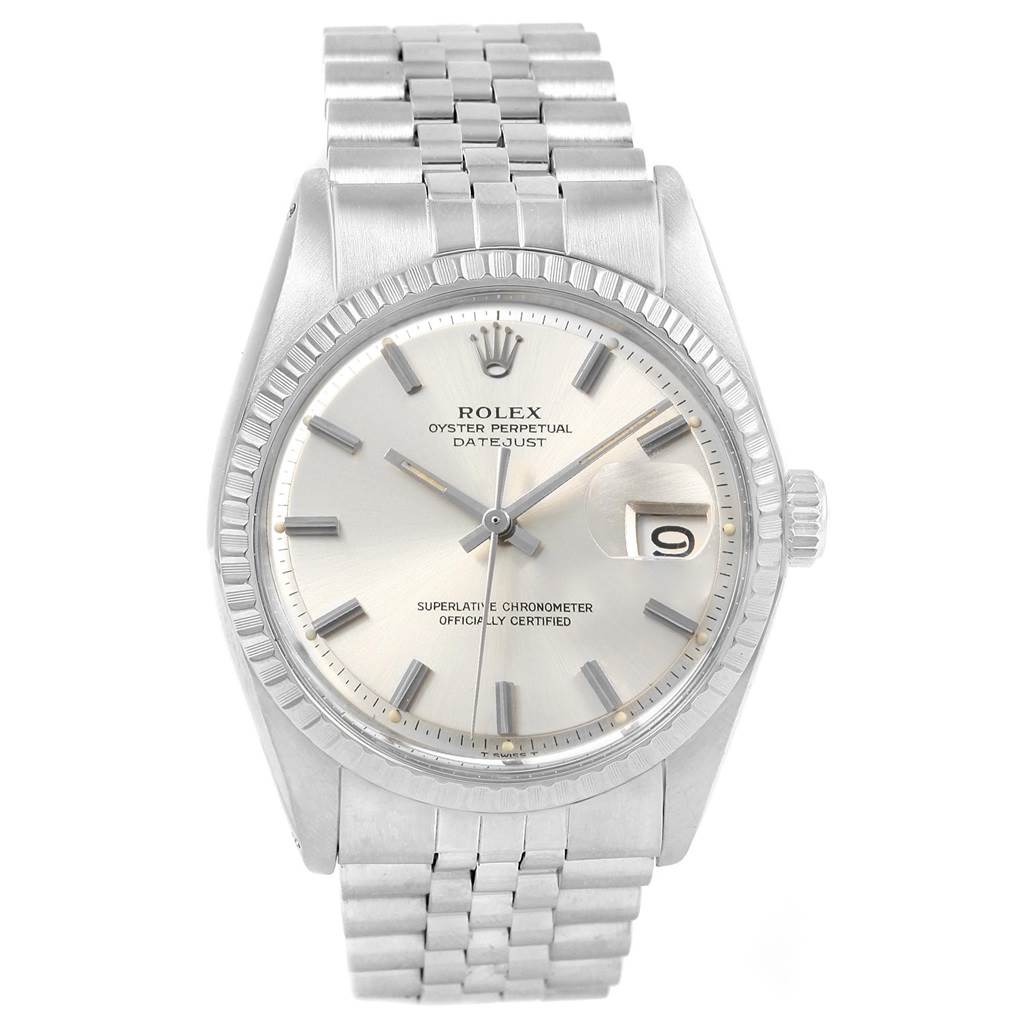 This image shows a front view of a Rolex Vintage Collection 1603 Men
s Stainless Steel Silver Dial 1603 Men
s Stainless Steel Silver Dial Oyster Perpetual Datejust watch, highlighting the dial, bezel, and bracelet.
