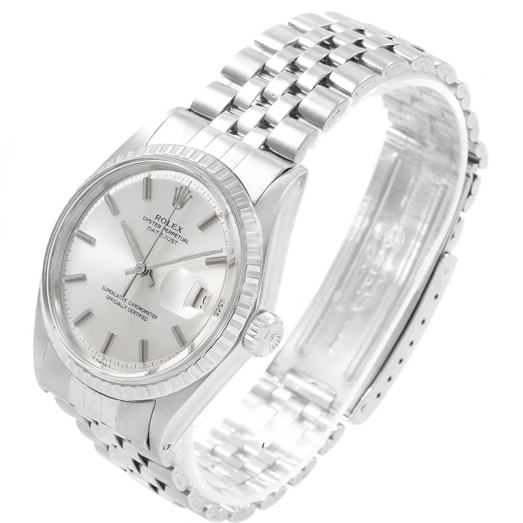 The image shows a side angle view of the Rolex Vintage Collection 1603 Men
s Stainless Steel Silver Dial 1603 Men
s Stainless Steel Silver Dial watch, highlighting the face, bezel, crown, and bracelet.