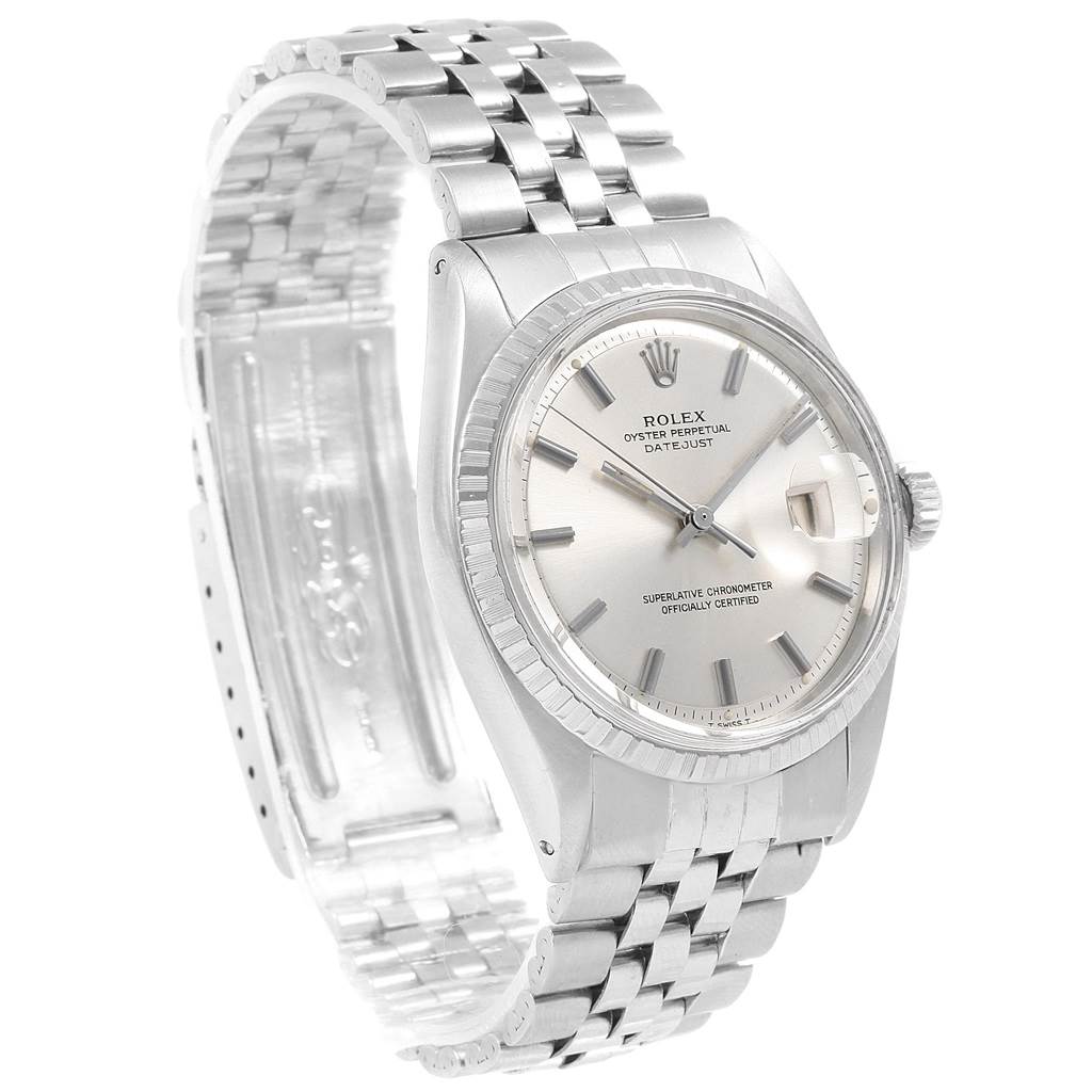 The image shows a Rolex Vintage Collection 1603 Men
s Stainless Steel Silver Dial 1603 Men
s Stainless Steel Silver Dial watch, model Datejust, at a three-quarter angle, highlighting the dial, bezel, and bracelet.