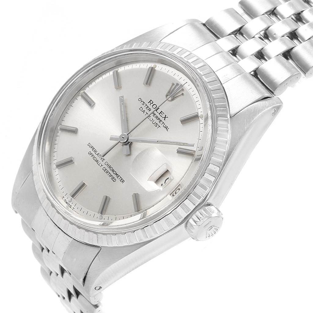 The Rolex Vintage Collection 1603 Men
s Stainless Steel Silver Dial 1603 Men
s Stainless Steel Silver Dial watch is shown at a slight left-side angle, displaying its face, bezel, crown, and bracelet.