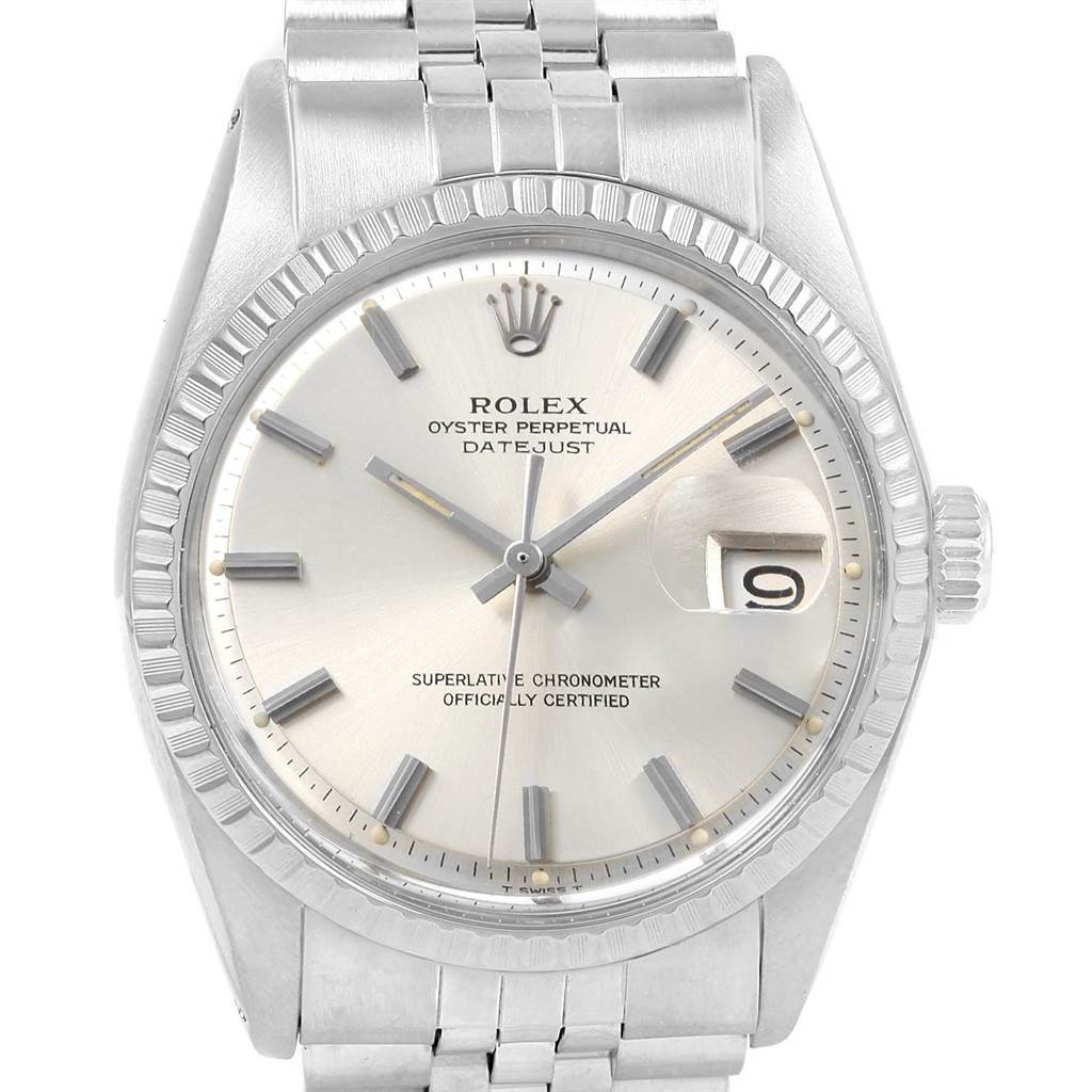 The image shows a front view of the Rolex Vintage Collection 1603 Men
s Stainless Steel Silver Dial 1603 Men
s Stainless Steel Silver Dial Oyster Perpetual Datejust watch, displaying its dial, crown, and bracelet.