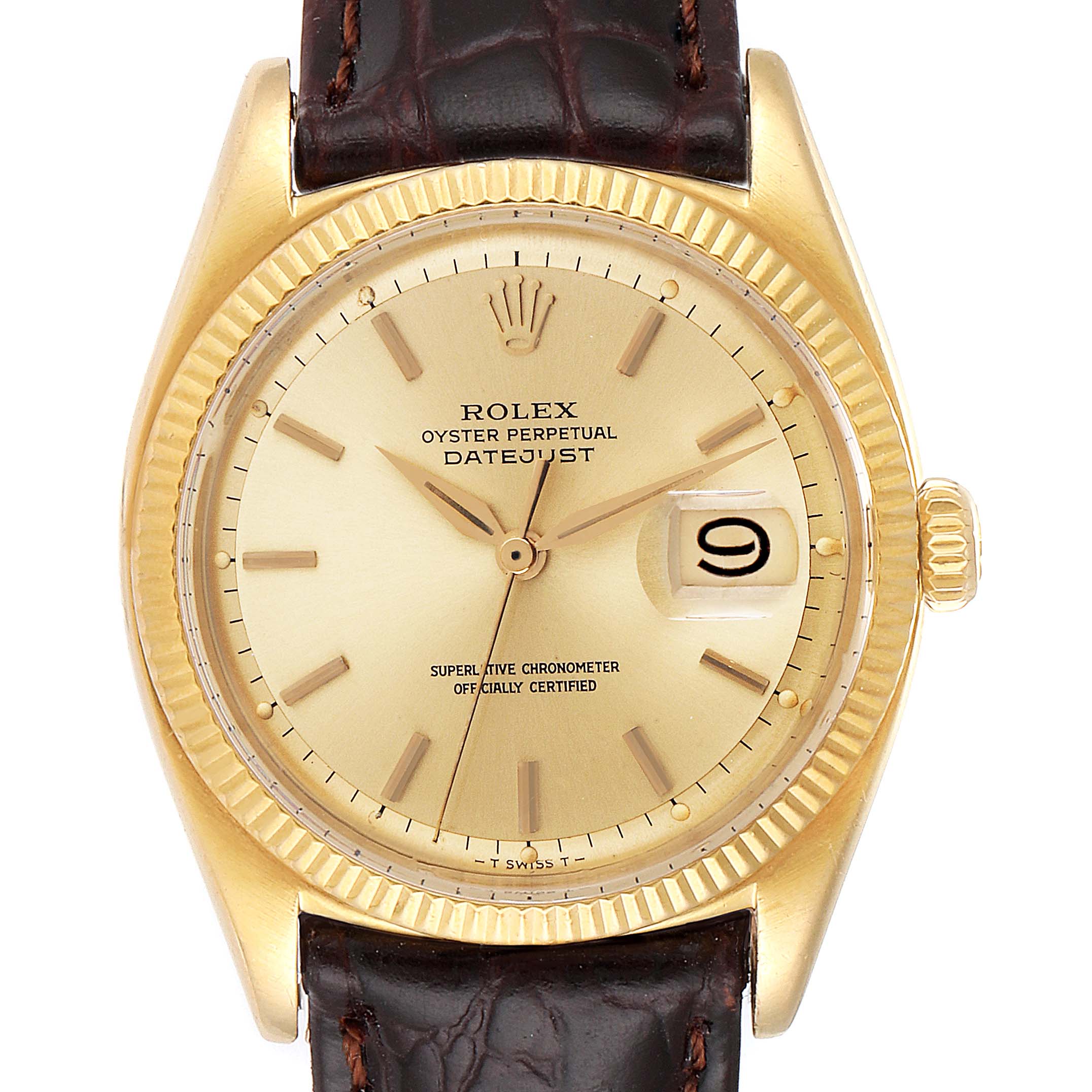 The image shows a Rolex Vintage Collection 6605 Men
s Yellow Gold Champagne Dial 6605 Men
s Yellow Gold Champagne Dial Datejust watch with a gold dial, brown leather strap, and magnified date window at 3 o
clock.