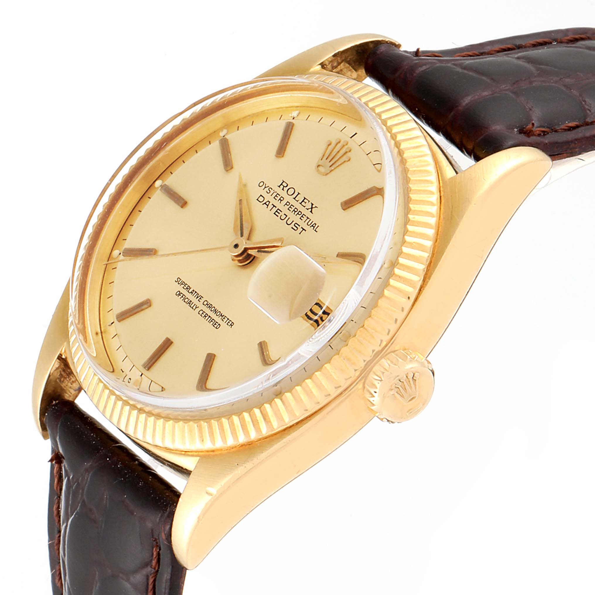 This Rolex Vintage Collection 6605 Men
s Yellow Gold Champagne Dial 6605 Men
s Yellow Gold Champagne Dial model is shown at a side angle, highlighting its gold case, crown, dial, and brown leather strap.