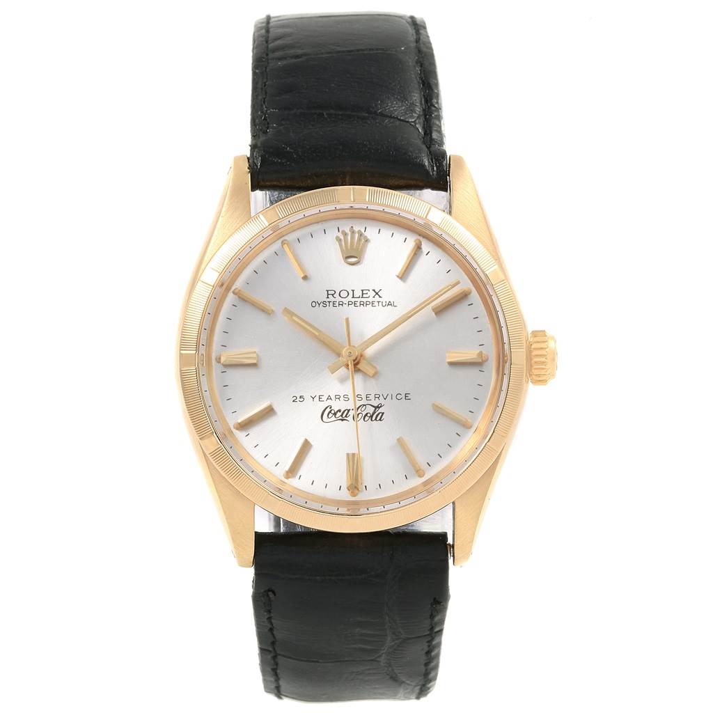The image shows a front view of the Rolex Vintage Collection 1003 Men's Yellow Gold Silver Dial 1003 Men's Yellow Gold Silver Dial watch, highlighting its dial, case, and leather strap.