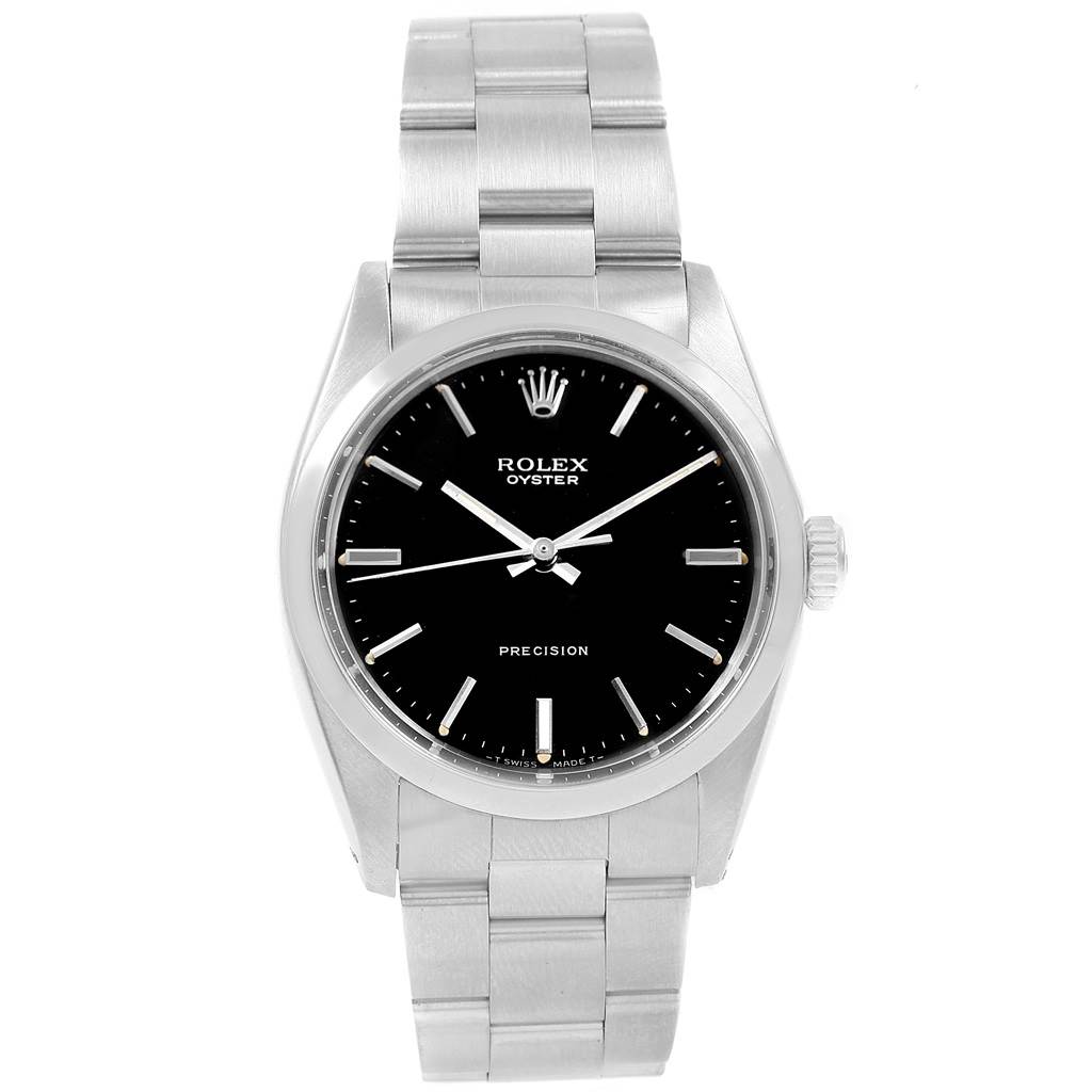 This image shows a front view of the Rolex Vintage Collection 6426 Men's Stainless Steel Black Dial 6426 Men's Stainless Steel Black Dial model watch, highlighting its black dial, silver case, and bracelet.