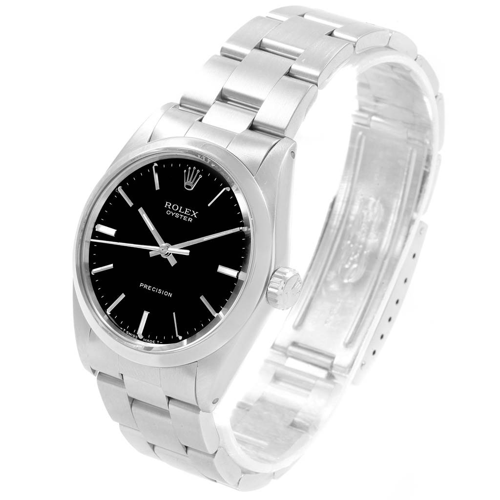The image shows a Vintage Collection Rolex Oyster Precision watch at a three-quarter angle, displaying the dial, case, crown, and bracelet.