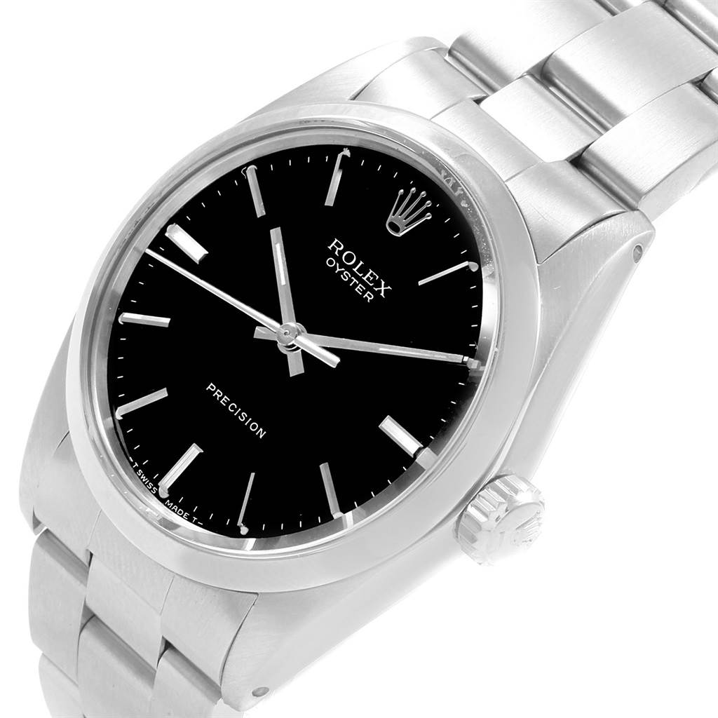The Rolex Vintage Collection 6426 Men's Stainless Steel Black Dial 6426 Men's Stainless Steel Black Dial watch is shown from an angled top view, displaying its black dial, markers, and part of the bracelet.