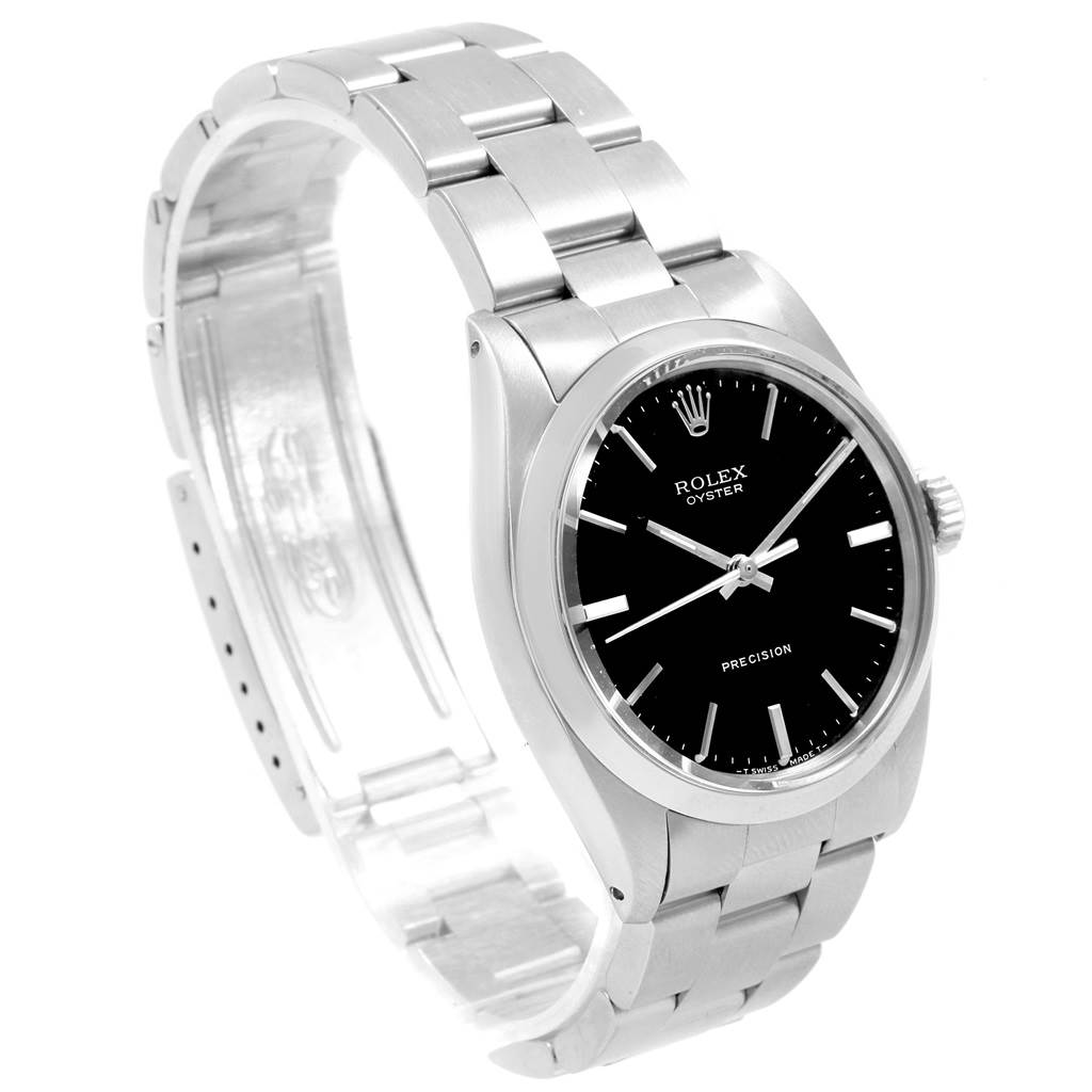 The watch is a Rolex Vintage Collection 6426 Men's Stainless Steel Black Dial 6426 Men's Stainless Steel Black Dial model, shown from a side angle, highlighting the bracelet, black dial, and crown.