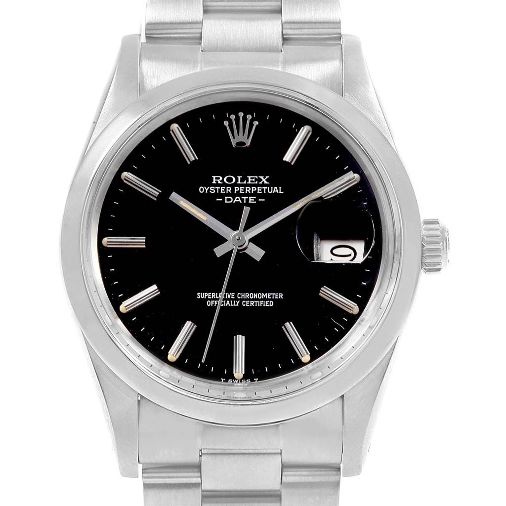 The image shows a frontal view of the Rolex Vintage Collection 15000 Men's Stainless Steel Black Dial 15000 Men's Stainless Steel Black Dial Oyster Perpetual Date model, displaying its black dial and silver bracelet.