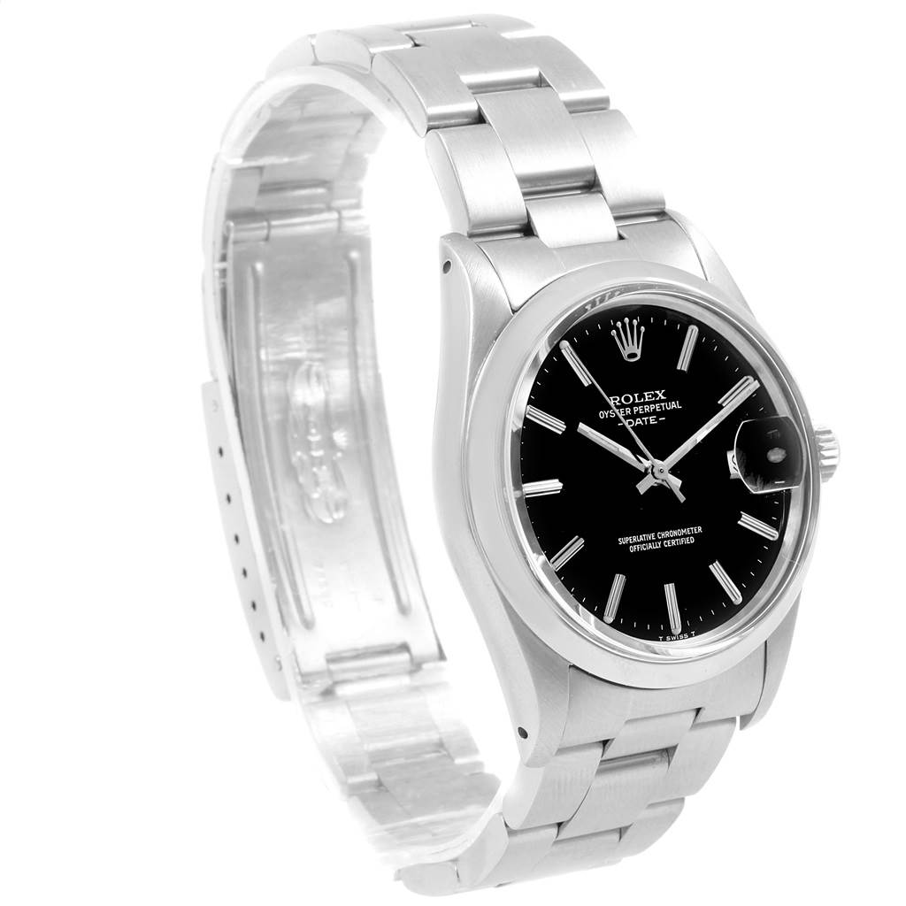 The image shows a Rolex Vintage Collection 15000 Men's Stainless Steel Black Dial 15000 Men's Stainless Steel Black Dial watch at a three-quarter angle, highlighting its metal bracelet, black dial, and crown.