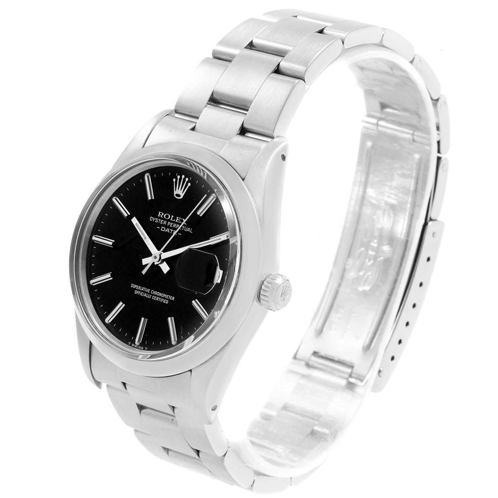 The image shows a Rolex Vintage Collection 15000 Men's Stainless Steel Black Dial 15000 Men's Stainless Steel Black Dial watch from a three-quarter angle, highlighting the dial, bracelet, and crown.