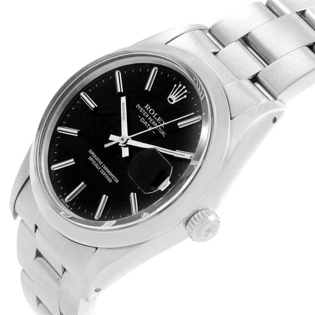 The image shows a Rolex Vintage Collection 15000 Men's Stainless Steel Black Dial 15000 Men's Stainless Steel Black Dial model from an angled top view, highlighting the dial, bracelet, and crown.