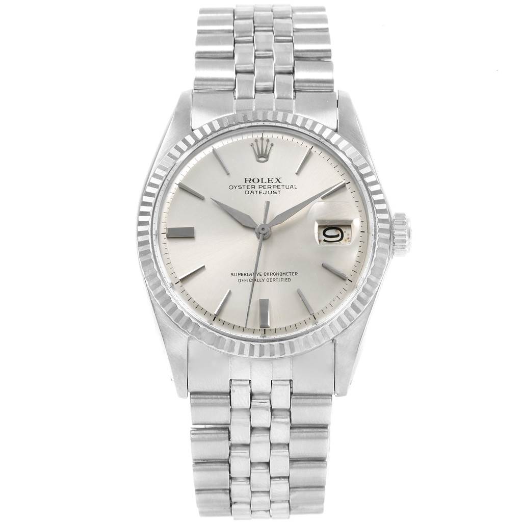 The image shows a front view of a Rolex Vintage Collection 1601 Men's Stainless Steel Silver Dial 1601 Men's Stainless Steel Silver Dial model, displaying the watch face, bezel, and bracelet.