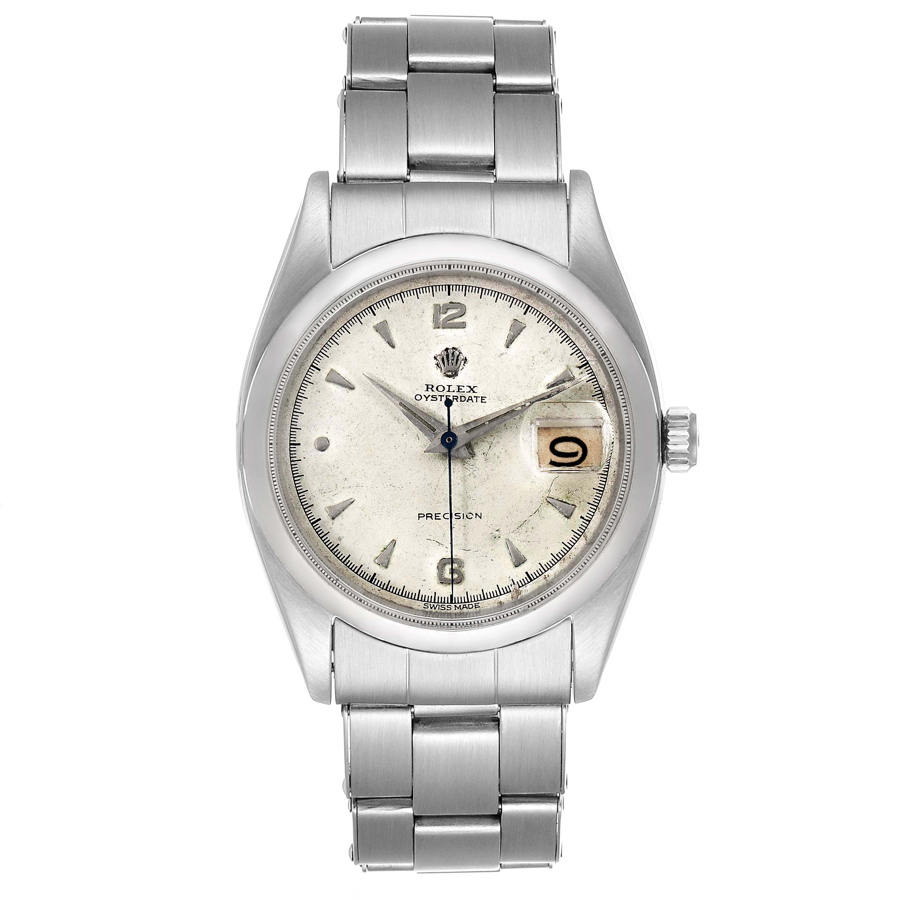 This image shows a front view of a Rolex Vintage Collection 6494 Men's Stainless Steel Silver Dial 6494 Men's Stainless Steel Silver Dial Oysterdate Precision watch, highlighting the dial, hands, bracelet, and date window.