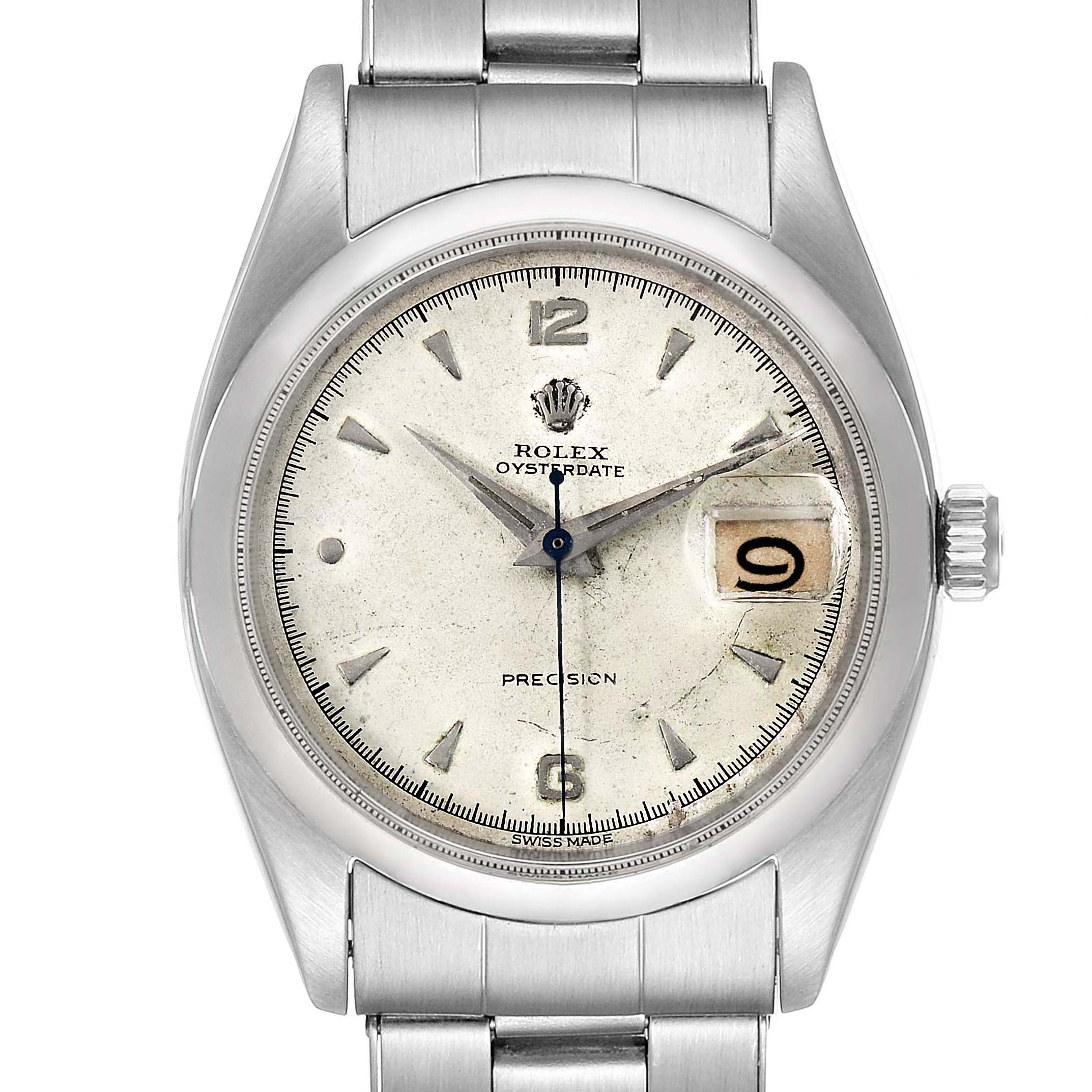 The image shows a front view of a Rolex Vintage Collection 6494 Men's Stainless Steel Silver Dial 6494 Men's Stainless Steel Silver Dial Oysterdate watch, highlighting its dial, hands, and bracelet.