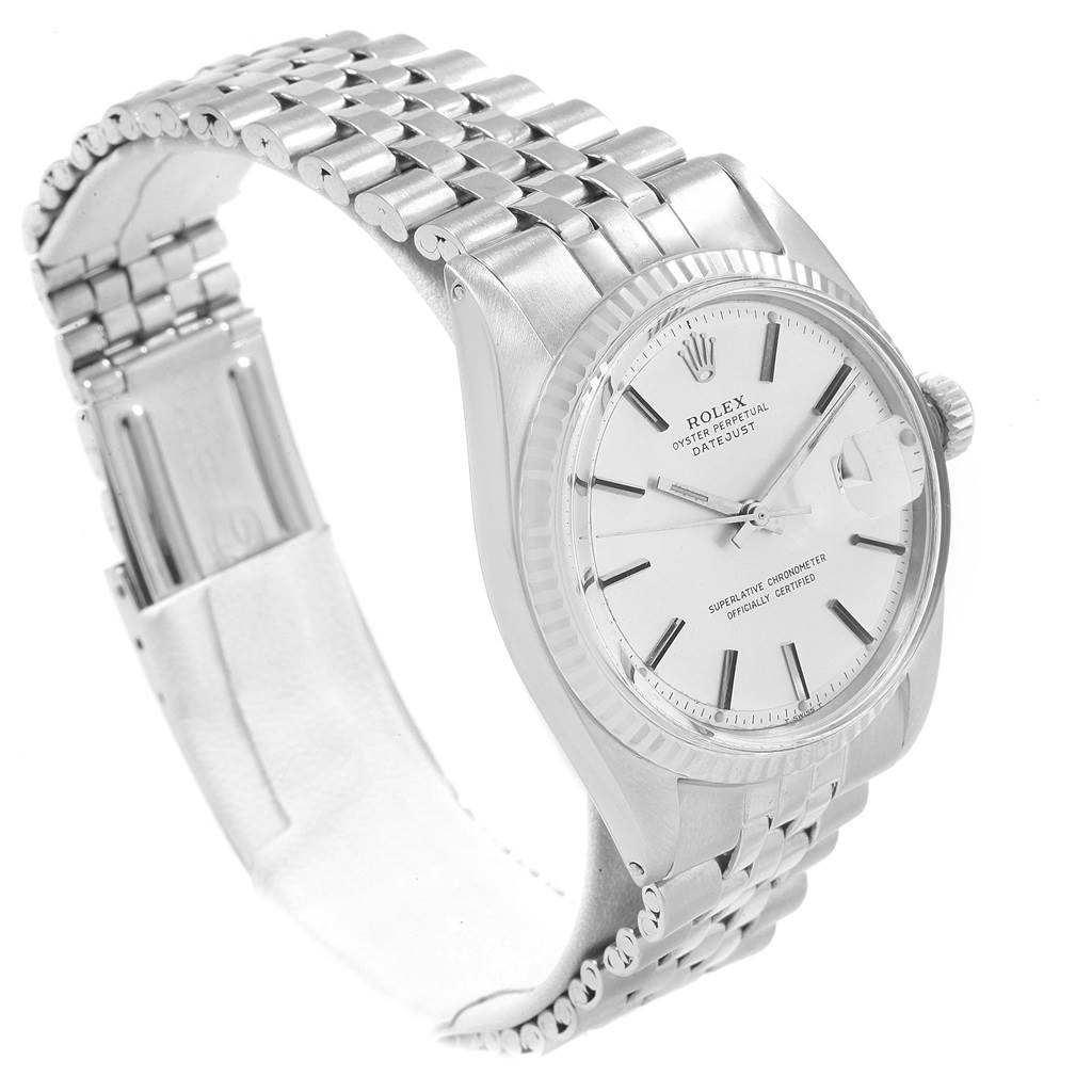 This image shows a side-angle view of the Rolex Vintage Collection 1601 Men's Stainless Steel Silver Dial 1601 Men's Stainless Steel Silver Dial model, highlighting the watch face, case, crown, and metal bracelet.