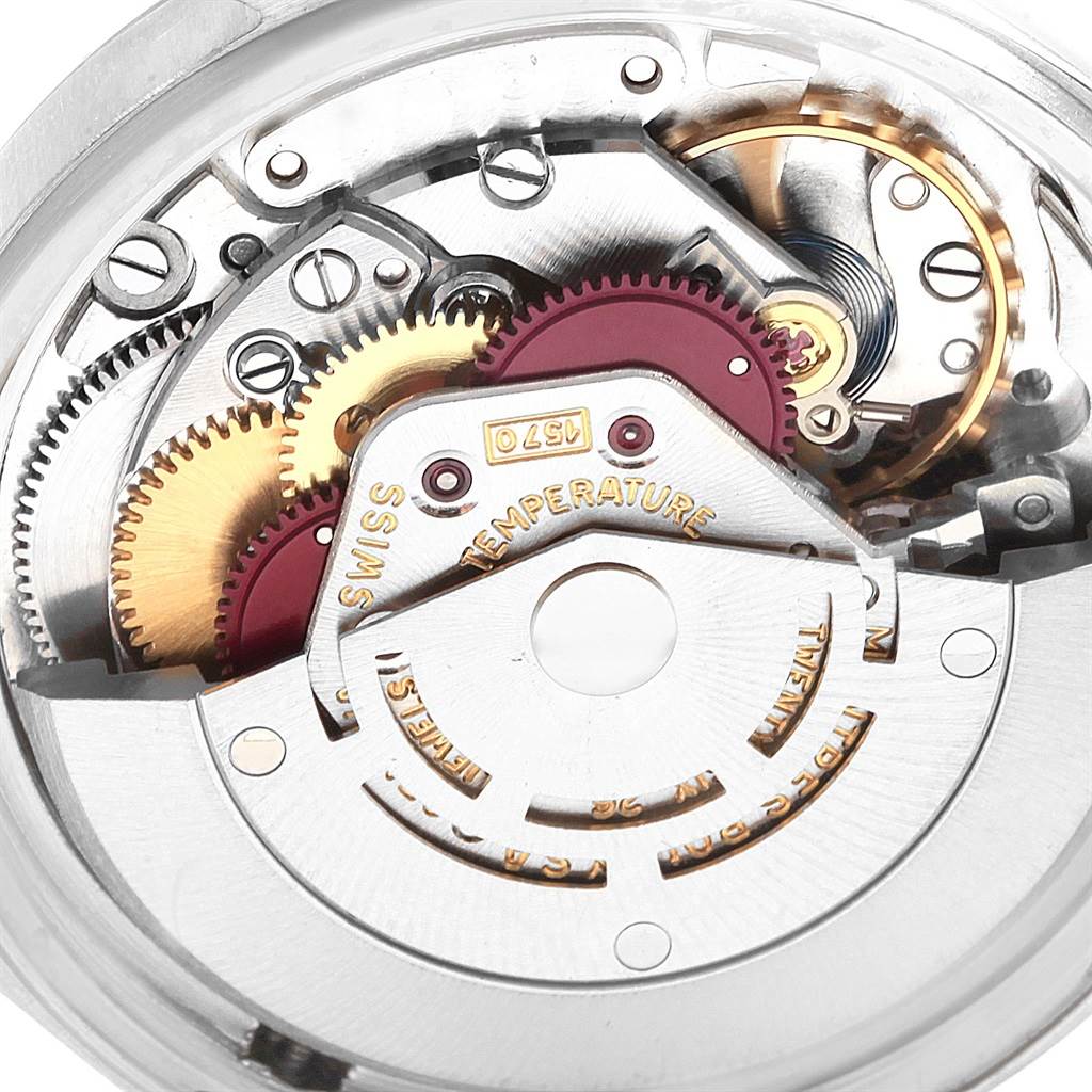 This is a close-up view of the internal movement mechanism of a Rolex Vintage Collection 1601 Men's Stainless Steel Silver Dial 1601 Men's Stainless Steel Silver Dial model.
