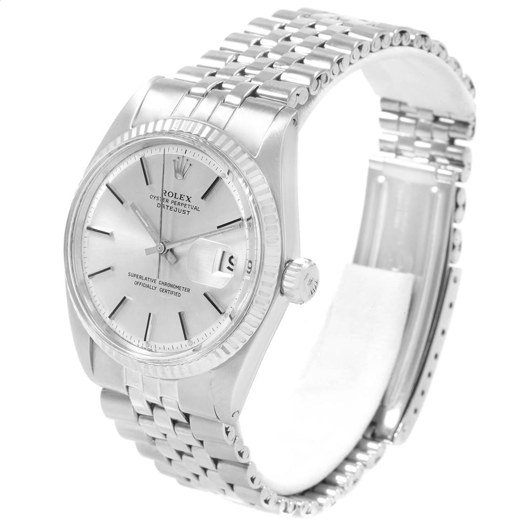 The image shows a side angle of the Rolex Vintage Collection 1601 Men's Stainless Steel Silver Dial 1601 Men's Stainless Steel Silver Dial watch, highlighting its dial, bezel, crown, and bracelet.