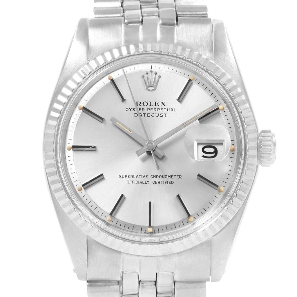 The image shows a front view of a Rolex Vintage Collection 1601 Men's Stainless Steel Silver Dial 1601 Men's Stainless Steel Silver Dial Datejust watch displaying its face, hands, and bracelet.