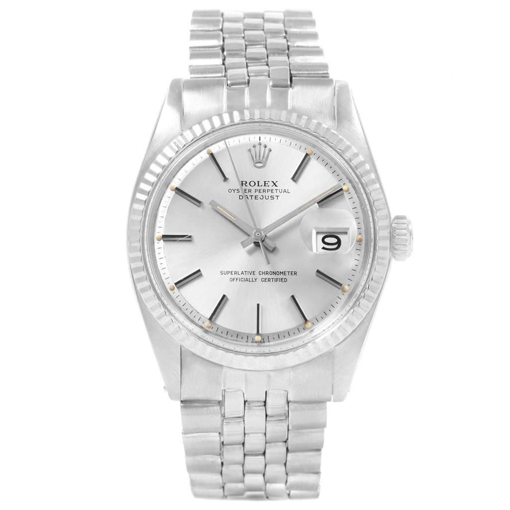 The Rolex Vintage Collection 1601 Men's Stainless Steel Silver Dial 1601 Men's Stainless Steel Silver Dial watch is shown from the front, displaying the dial, hands, date, and bracelet.