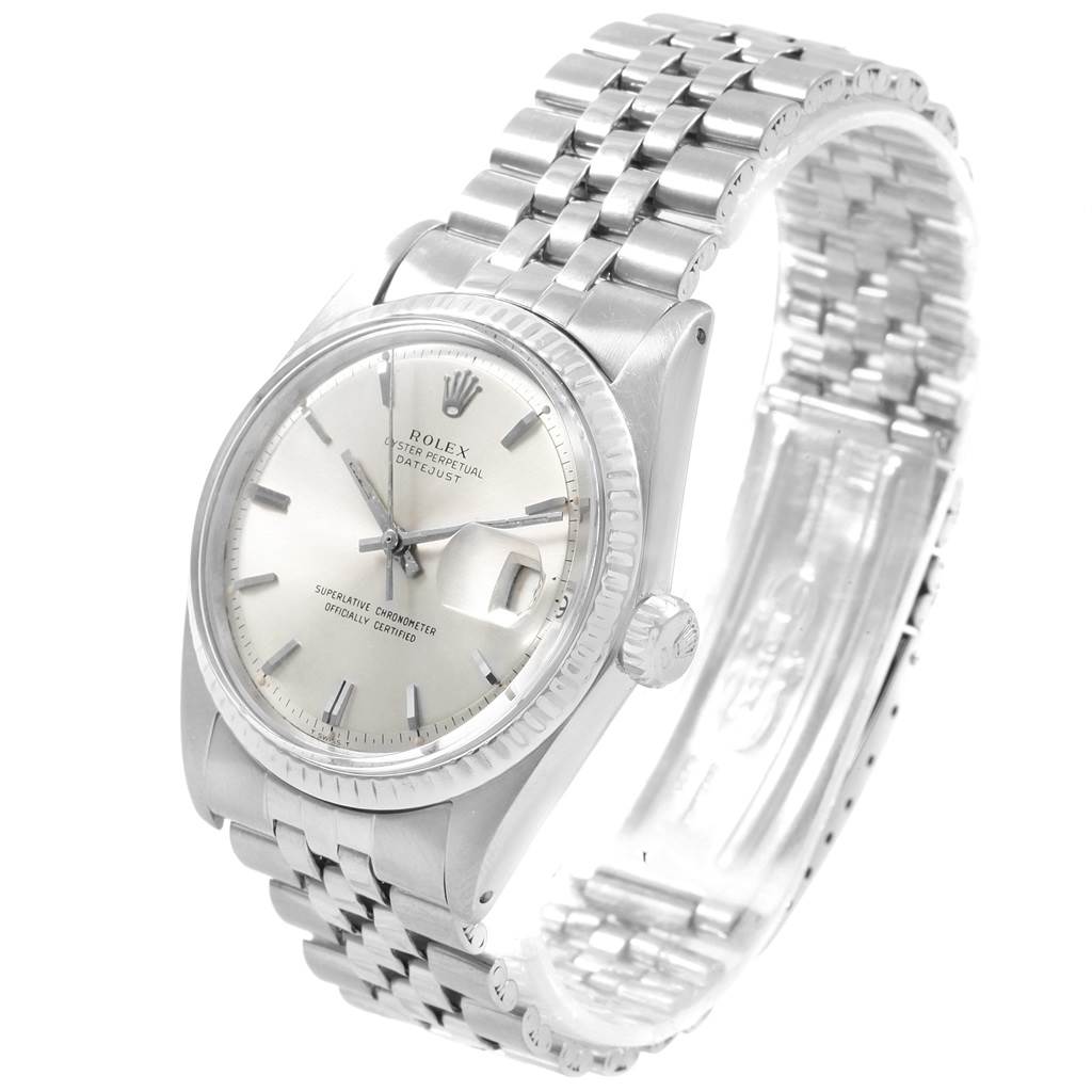The Rolex Vintage Collection 1601 Men's Stainless Steel Silver Dial 1601 Men's Stainless Steel Silver Dial watch is shown at a slight angle, highlighting its dial, crown, and metal bracelet.
