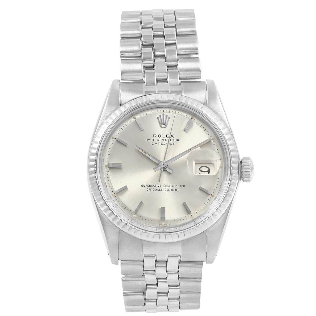 The image shows a front view of the Rolex Vintage Collection 1601 Men's Stainless Steel Silver Dial 1601 Men's Stainless Steel Silver Dial watch, displaying its face, bezel, crown, and bracelet.