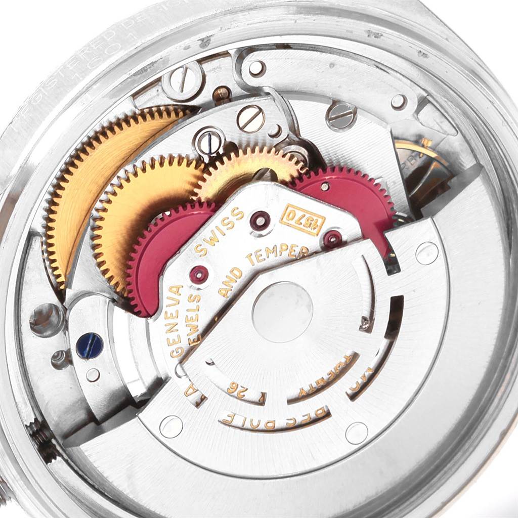 This image shows the intricate internal mechanism of the Rolex Vintage Collection 1601 Men's Stainless Steel Silver Dial 1601 Men's Stainless Steel Silver Dial watch from a close-up, top-down angle.