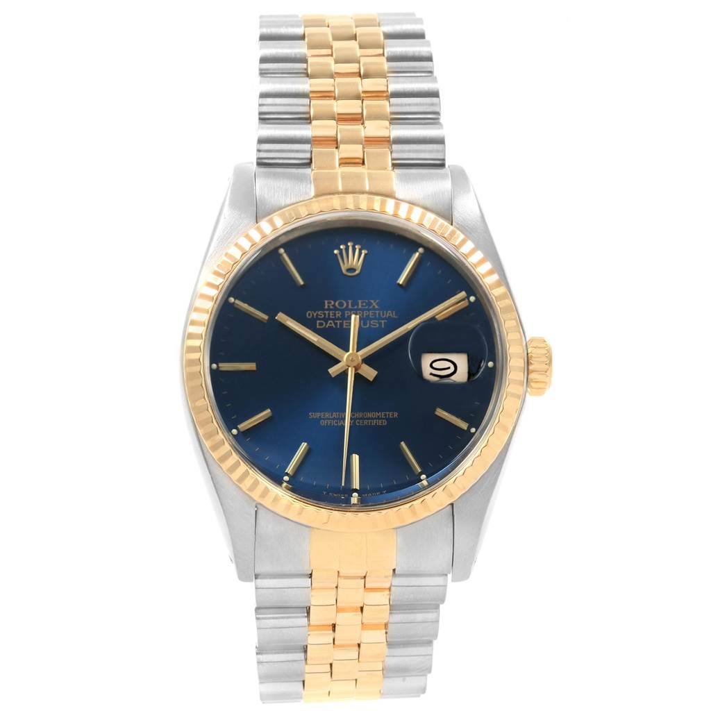 The image shows a frontal view of a Rolex Vintage Collection 16013 Men
s Stainless Steel Blue Dial 16013 Men
s Stainless Steel Blue Dial Datejust watch featuring a blue dial and a two-tone metal bracelet.