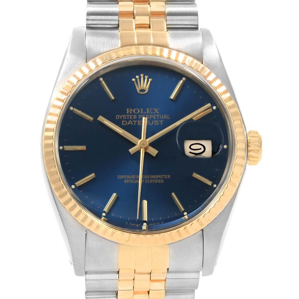 The image shows a frontal view of a Rolex Vintage Collection 16013 Men
s Stainless Steel Blue Dial 16013 Men
s Stainless Steel Blue Dial Oyster Perpetual Datejust watch, highlighting the watch face, bezel, and bracelet.