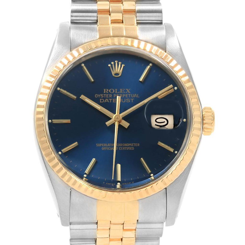 Rolex Datejust Steel Yellow Gold Blue Dial Vintage Mens Watch 16013 SwissWatchExpo