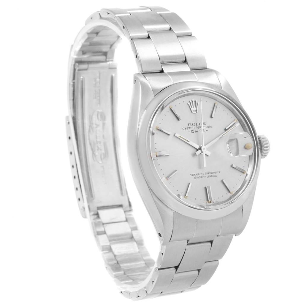 The image shows a side angle of a Rolex Vintage Collection 15000 Men
s Stainless Steel Silver Dial 15000 Men
s Stainless Steel Silver Dial watch, highlighting the silver bracelet and dial.