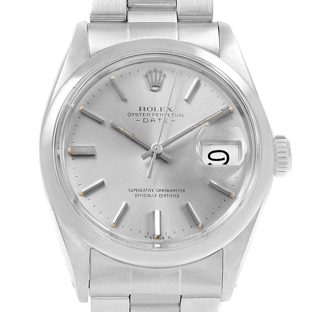 This image shows a front view of the Rolex Vintage Collection 15000 Men
s Stainless Steel Silver Dial 15000 Men
s Stainless Steel Silver Dial model watch, displaying the dial, hands, crown, and bracelet.