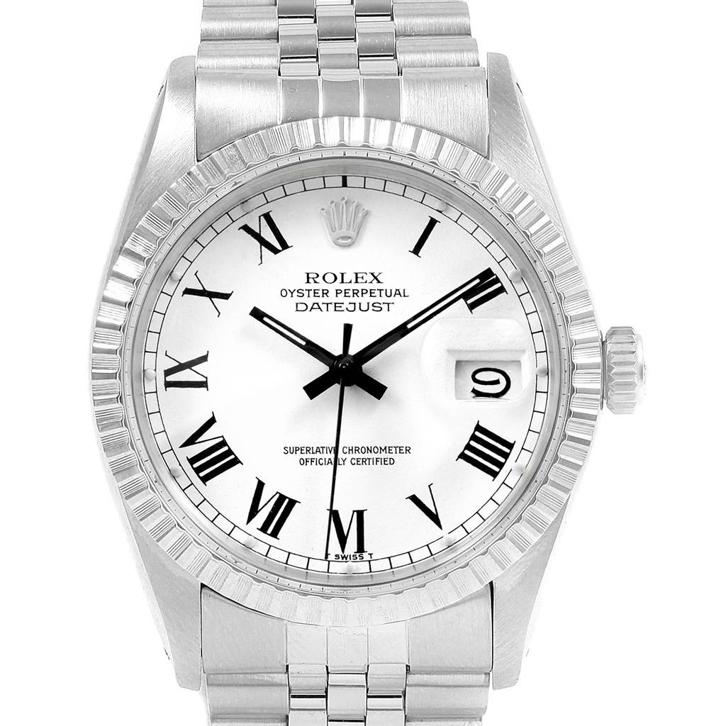 The Rolex Vintage Collection 16030 Men's Stainless Steel White Dial 16030 Men's Stainless Steel White Dial Datejust watch is shown from the front, displaying the dial, Roman numerals, date window, and bracelet.