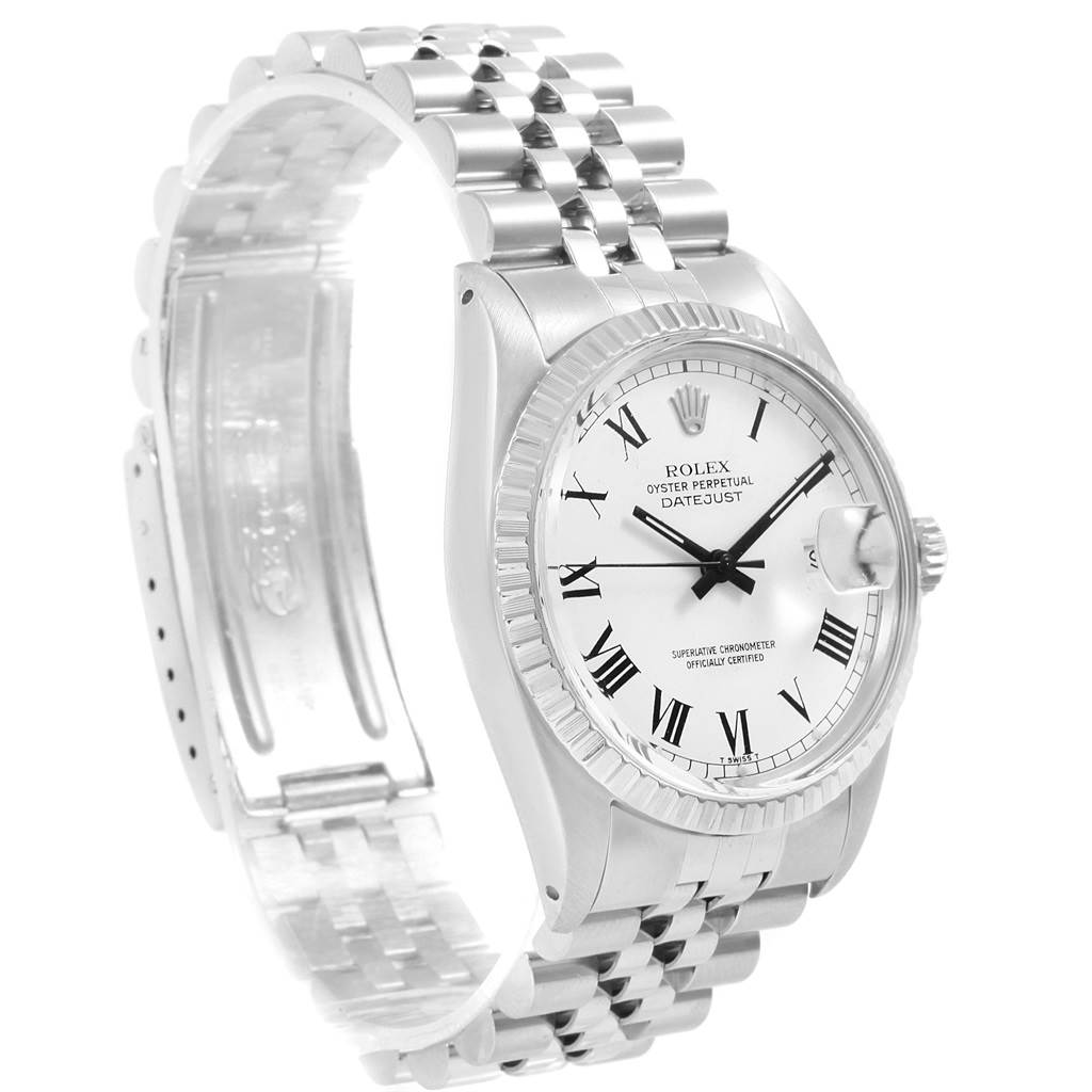 The image shows a side angle of the Rolex Vintage Collection 16030 Men's Stainless Steel White Dial 16030 Men's Stainless Steel White Dial Oyster Perpetual Datejust watch, highlighting the face, bracelet, and clasp.