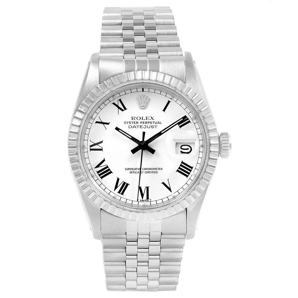 This image shows a frontal view of a Rolex Vintage Collection 16030 Men's Stainless Steel White Dial 16030 Men's Stainless Steel White Dial Datejust watch, featuring the dial, bezel, and stainless steel bracelet.