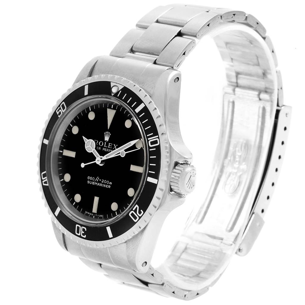 The image shows a side angle of the Rolex Vintage Collection 5513 Men
s Stainless Steel Black Dial 5513 Men
s Stainless Steel Black Dial model, highlighting the face, bezel, and bracelet.