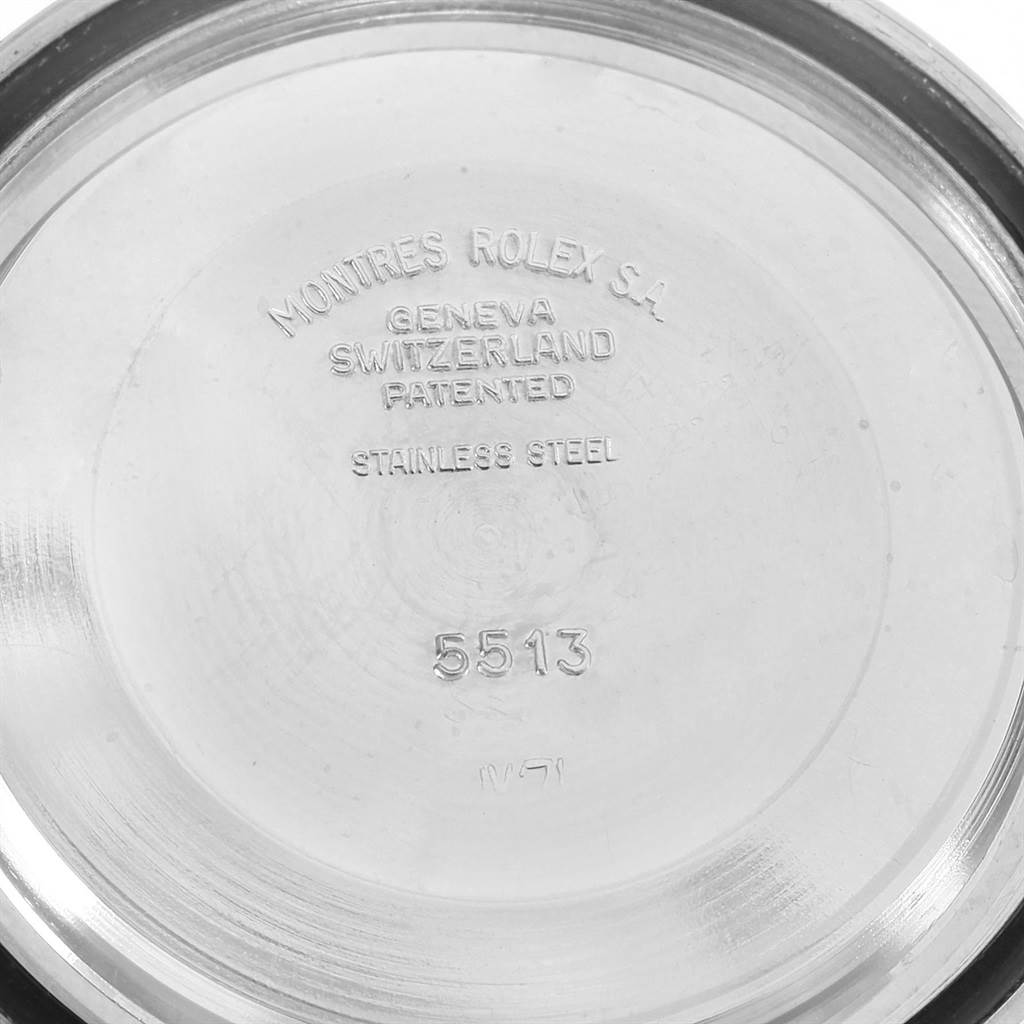 This image shows the inner side of the case back of a Rolex Vintage Collection 5513 Men
s Stainless Steel Black Dial 5513 Men
s Stainless Steel Black Dial model 5513, highlighting engravings and material details.
