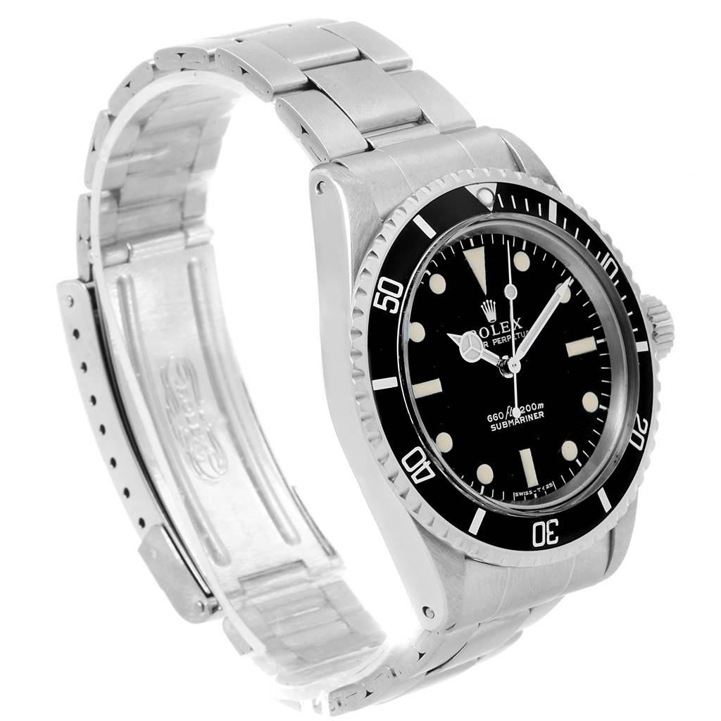 The image shows a side angle view of the Rolex Vintage Collection 5513 Men
s Stainless Steel Black Dial 5513 Men
s Stainless Steel Black Dial watch, highlighting its bezel, dial, and metal bracelet.