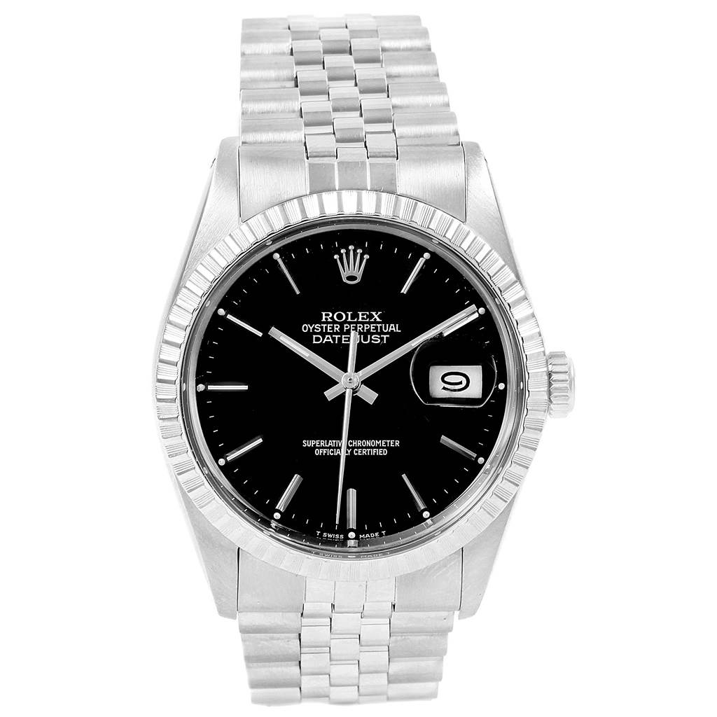 The image shows the Rolex Vintage Collection 16030 Men's Stainless Steel Black Dial 16030 Men's Stainless Steel Black Dial Oyster Perpetual Datejust watch from the front, displaying the dial, bezel, and bracelet.