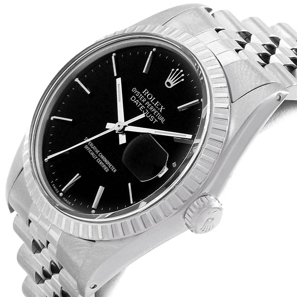 The image shows a Rolex Vintage Collection 16030 Men's Stainless Steel Black Dial 16030 Men's Stainless Steel Black Dial model from an angled side view, highlighting the bezel, crown, black dial, and part of the bracelet.