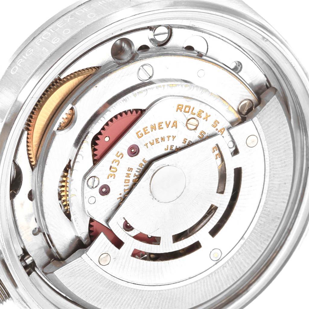 This image shows the internal mechanical movement of the Vintage Collection model by Rolex from an overhead angle.